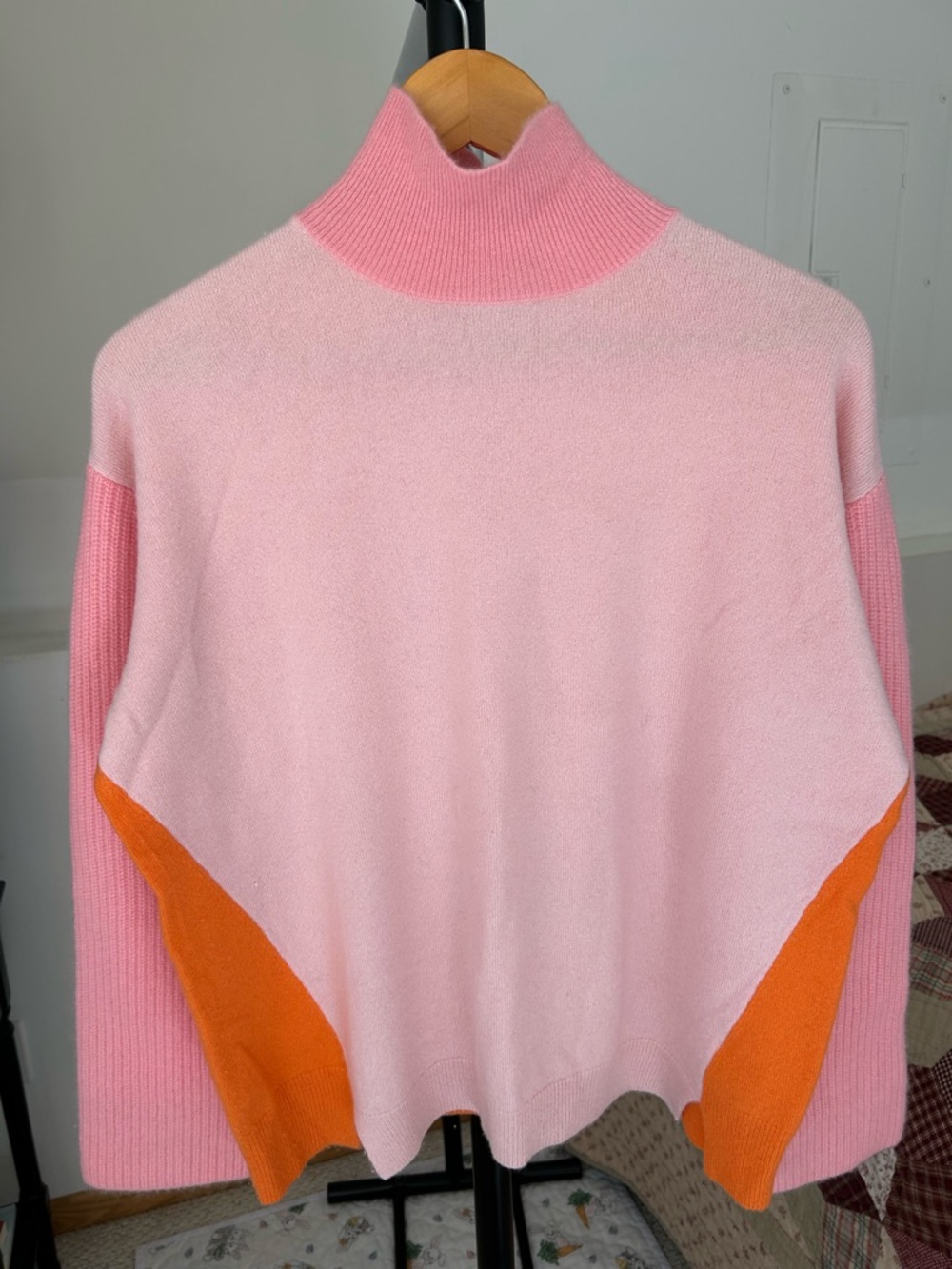 La Ligne 100% Cashmere Mock Neck Colorblock Sweater Pink Orange Small